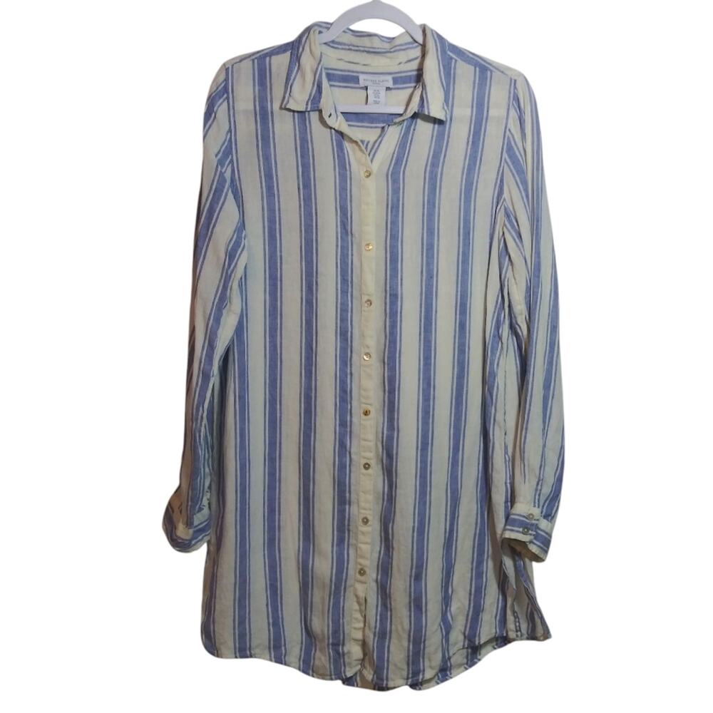 Antibes Blanc Linen  Blue White Stripe Collared Button Down Tunic Shirt Size M